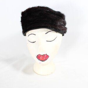 Vintage 1960s Black Sateen & Mink Fur Pillbox Hat Glamorous Old Hollywood Style